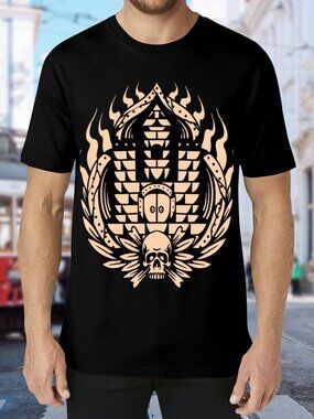 Black Tee with Beige Skull & Flame Graphic